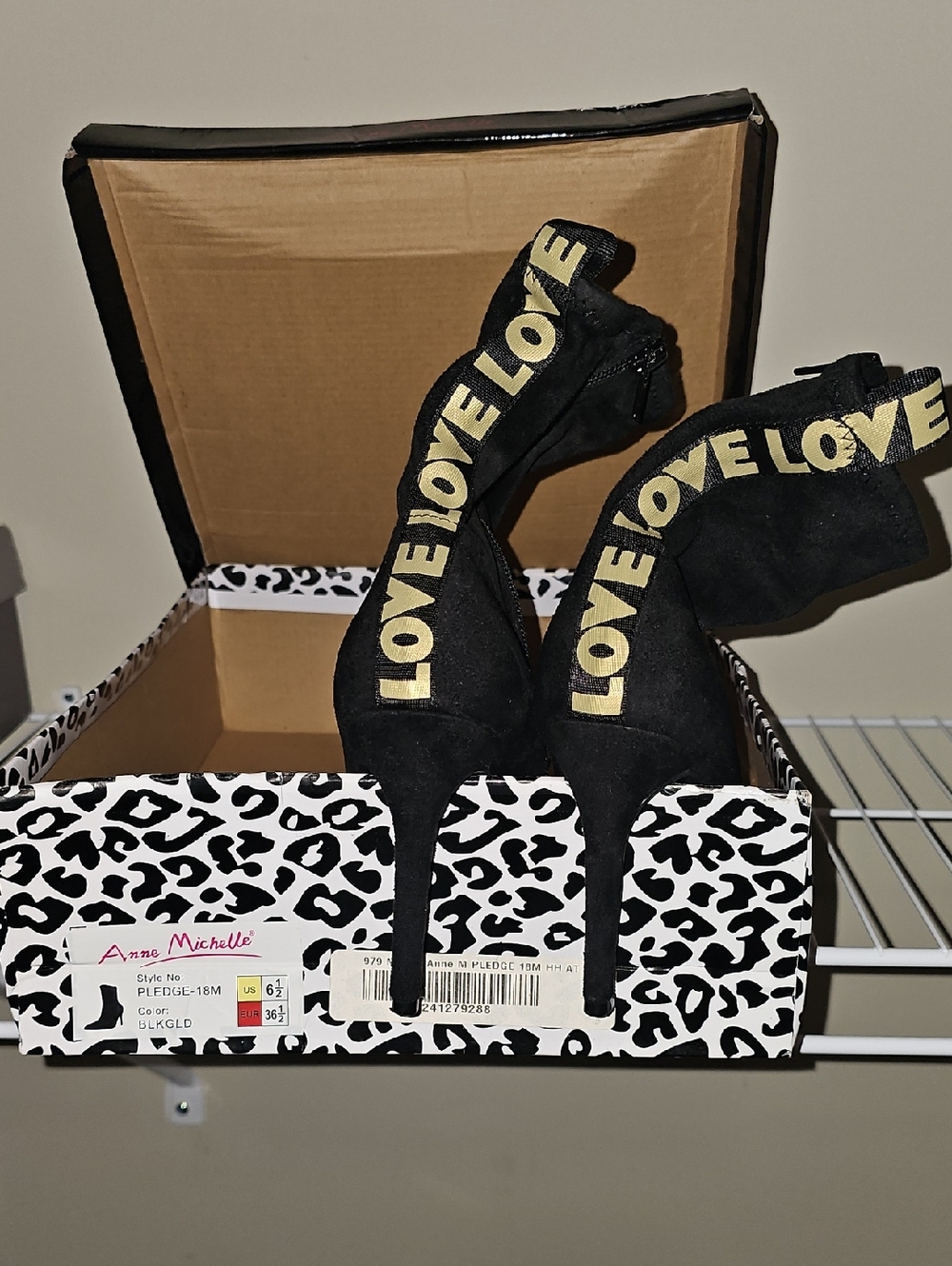 Anne Michelle Black Heels with Gold 'LOVE' Strap Detail